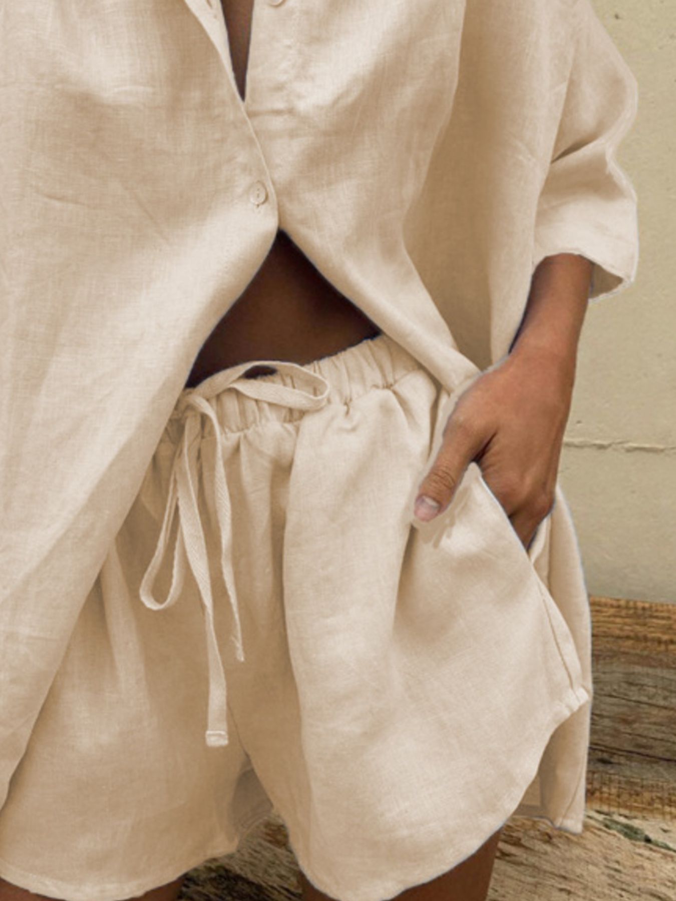 Button Up Shirt and Drawstring Shorts Set