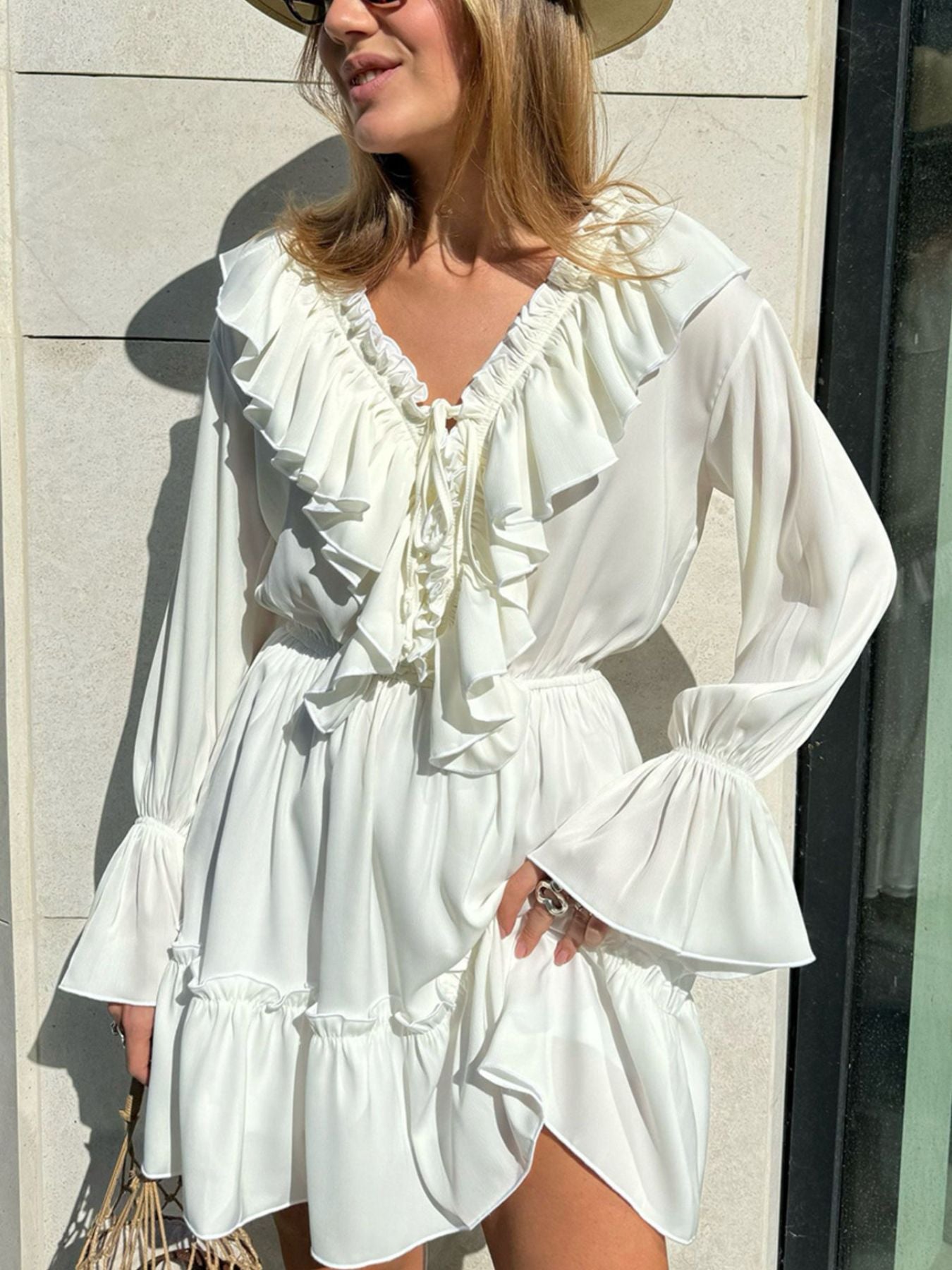 Ruffled Flounce Sleeve Mini Dress White