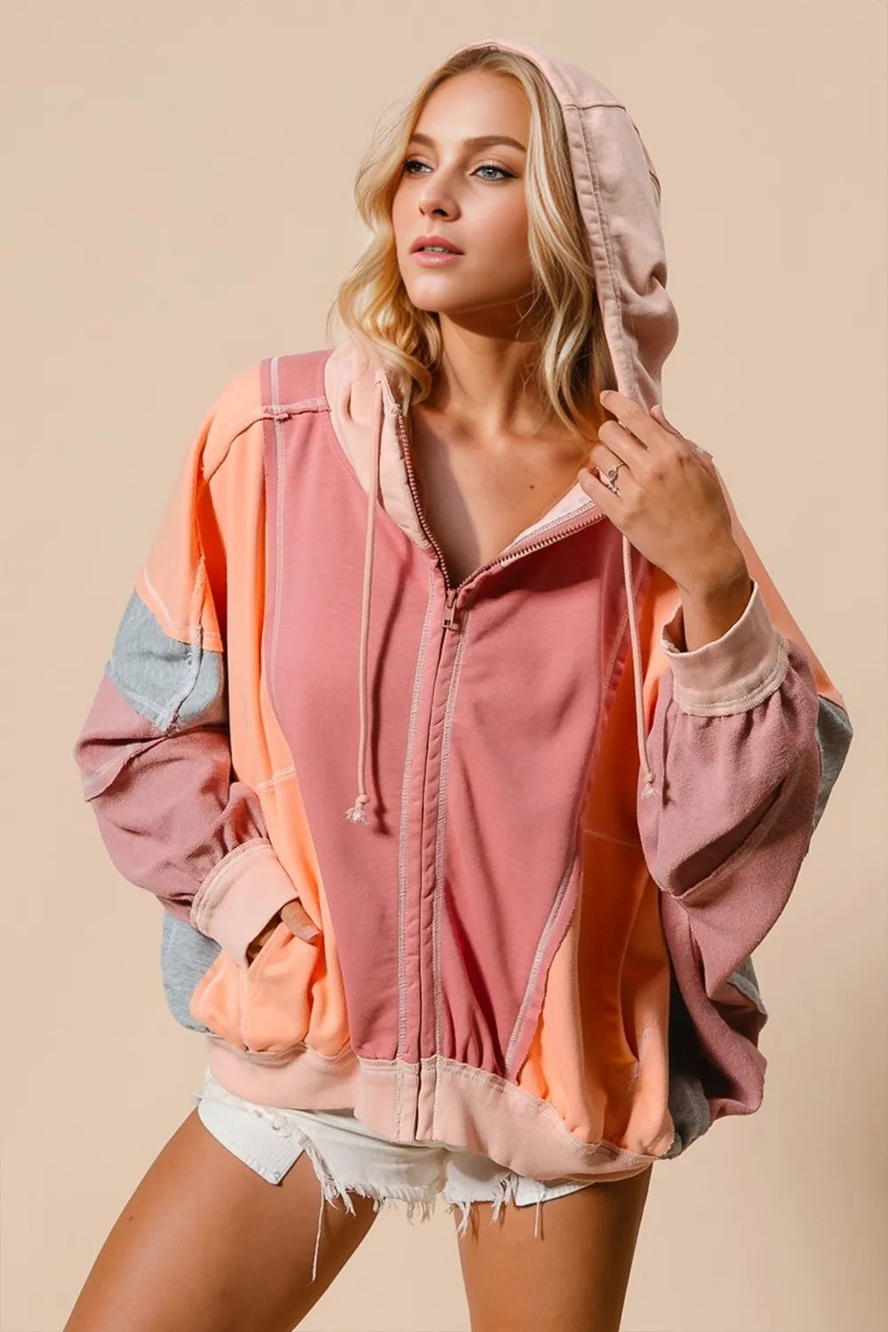 Double Take Full Size Color Block Zip Up Hoodie Burnt Coral