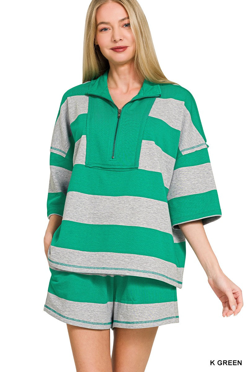 Zenana Frenchterry Striped Half Zip Top & Shorts Set K GREEN