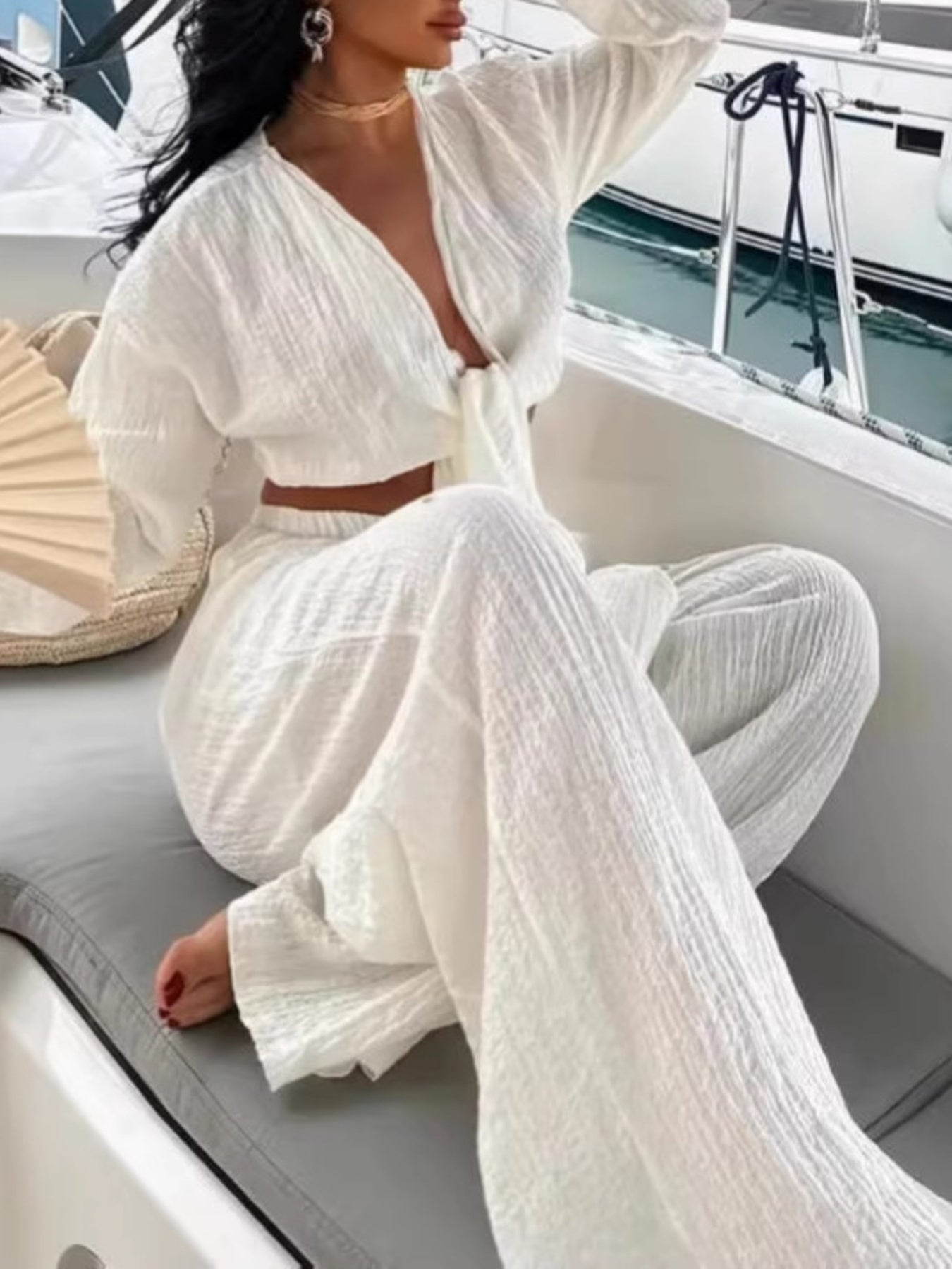 Textured Tie-Front Crop Top and Wide Leg Pants Set