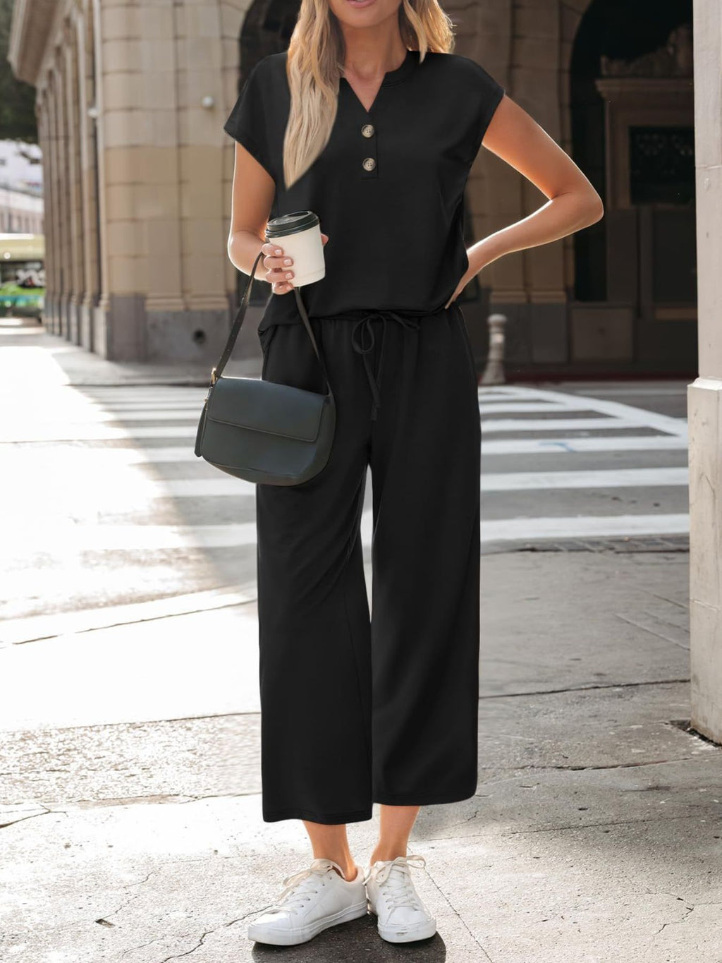 Notched Short Sleeve Top and Pants Set