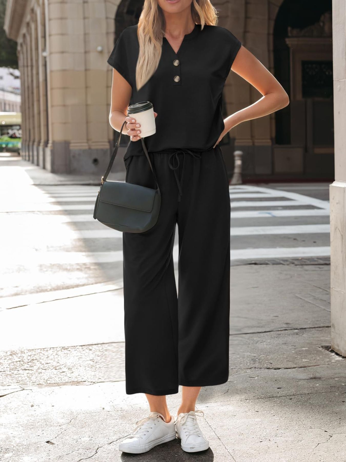 Notched Short Sleeve Top and Pants Set