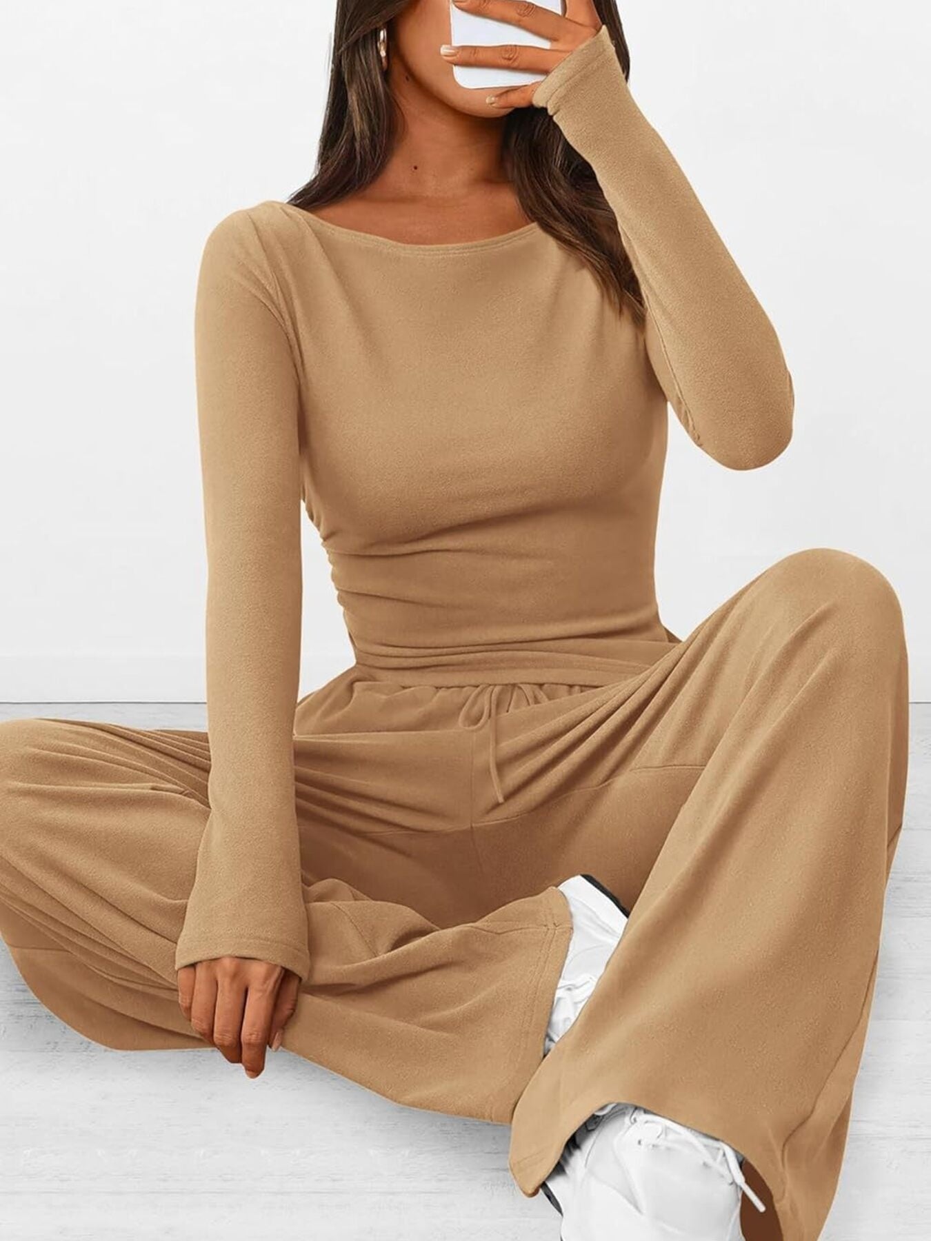 Round Neck Long Sleeve Top and Pants Set Khaki