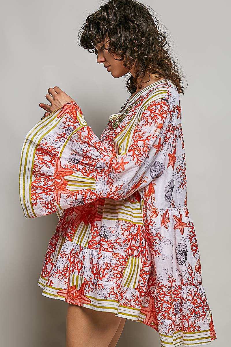 POL Striped Floral Long Sleeve Mini Dress with Pintuck Detail
