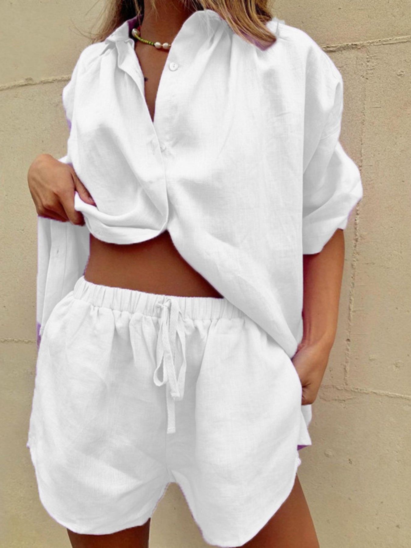 Button Up Shirt and Drawstring Shorts Set White