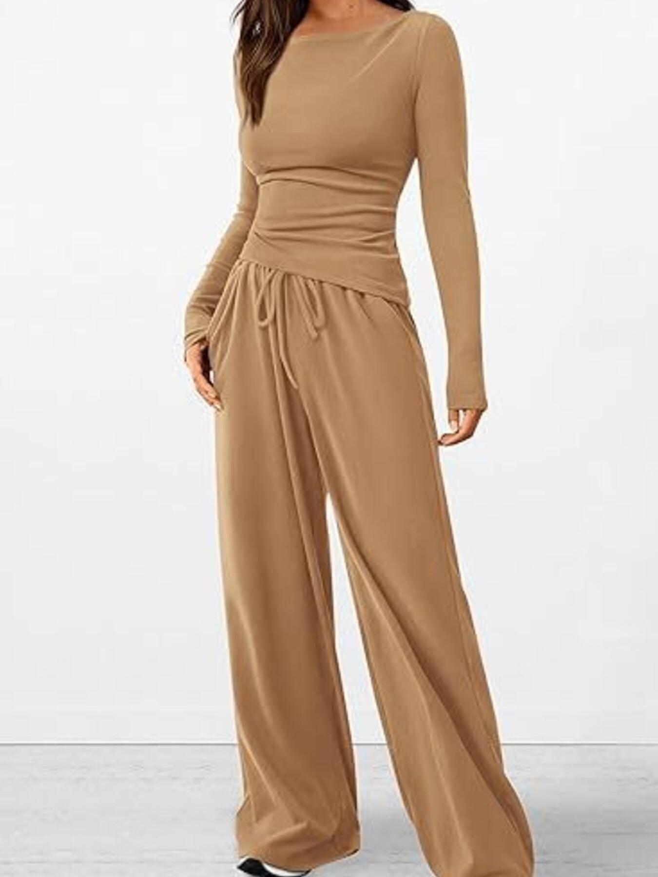 Round Neck Long Sleeve Top and Pants Set