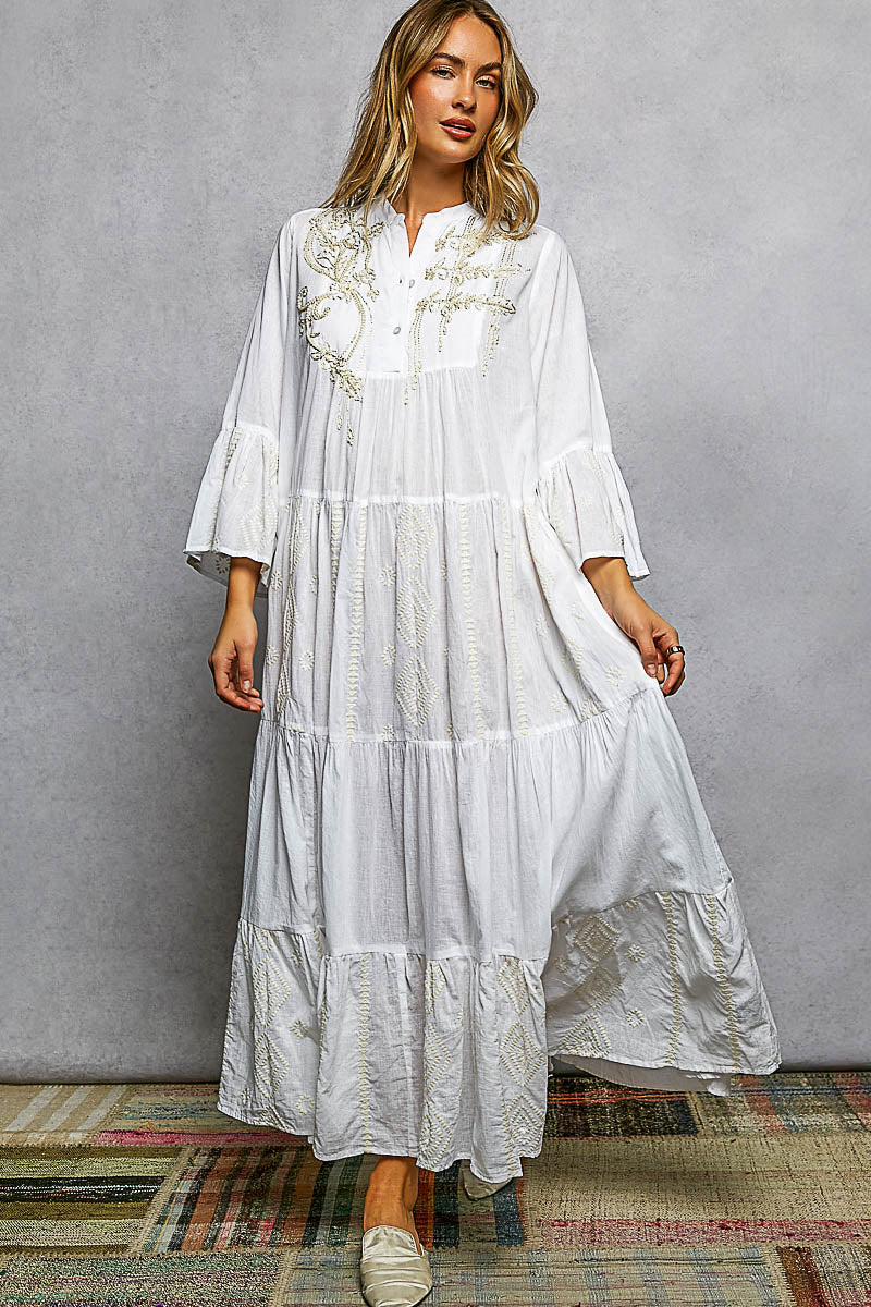 POL Embroidered Floral Tiered Maxi Dress