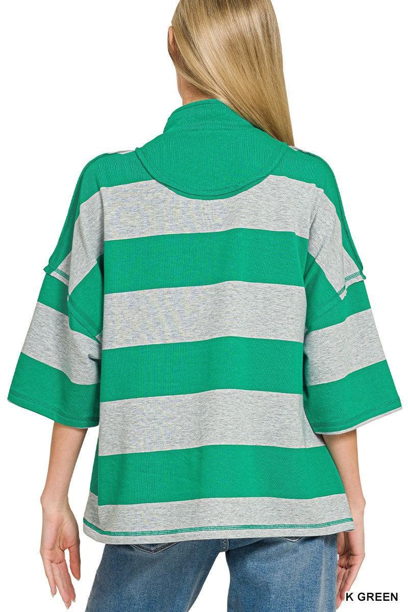 Zenana Frenchterry Striped Half Zip Top & Shorts Set