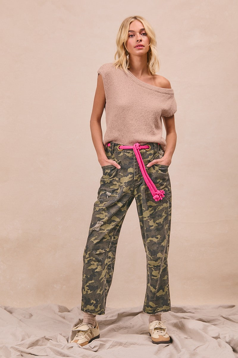 BiBi Braided Waist Belt Patch Pockets Camouflage Print Pants
