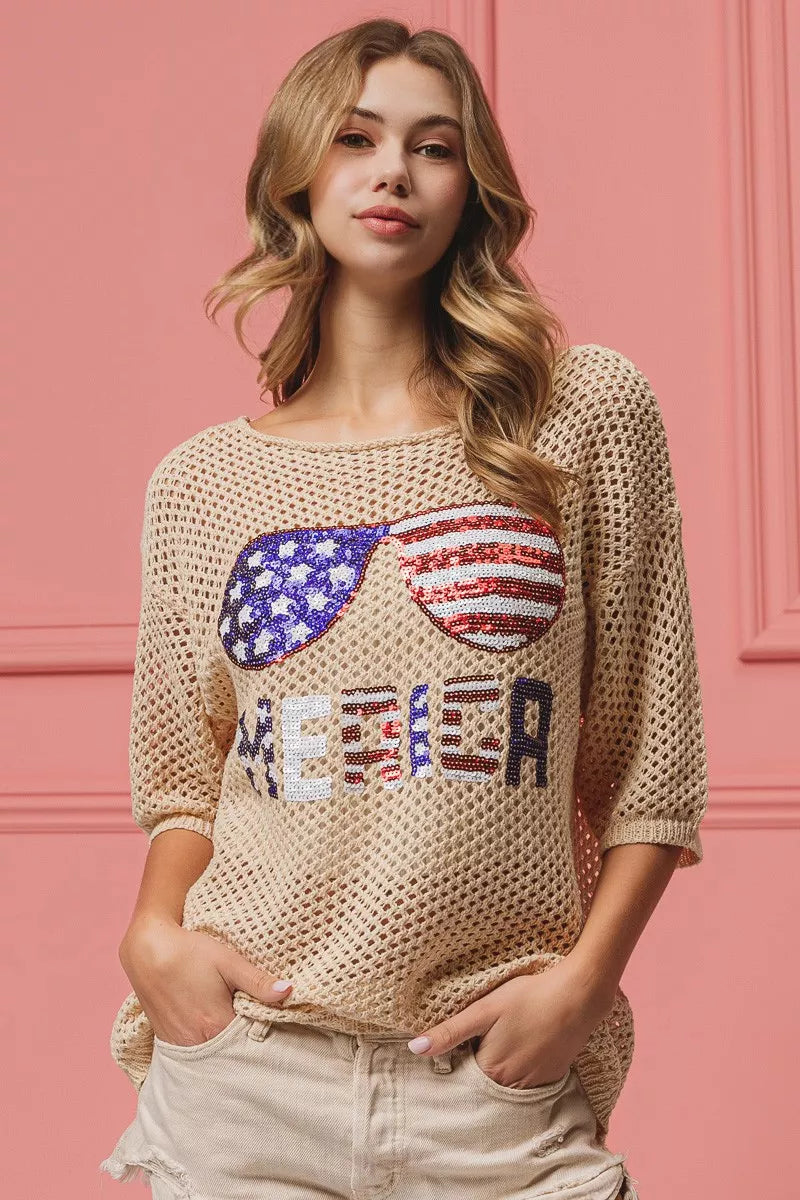 BiBi Sequin American Flag Sunglasses Knit Cover Up OATMEAL