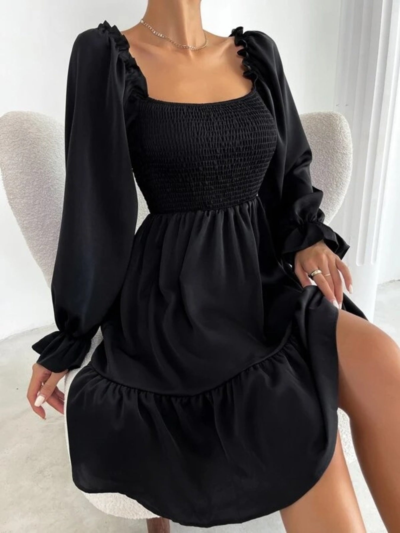 Smocked Flounce Sleeve Mini Dress Black