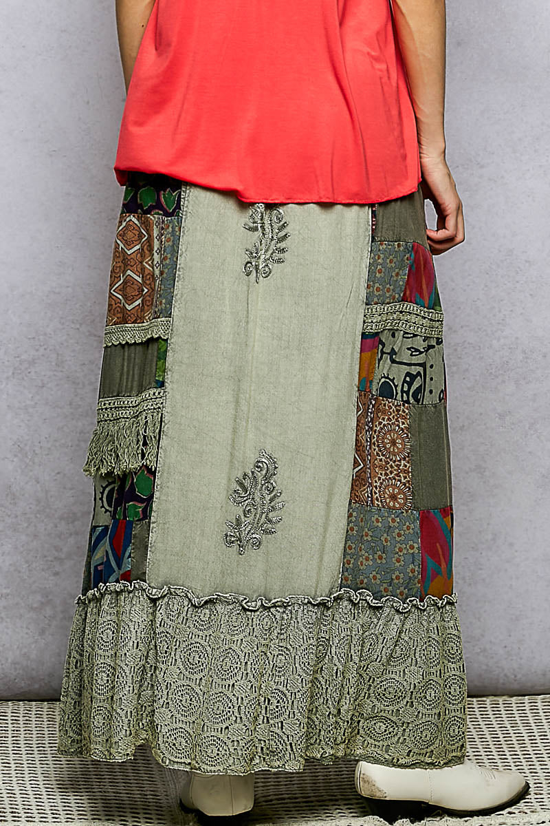 POL Printed Patchwork Embroidered Ruffled Skirt