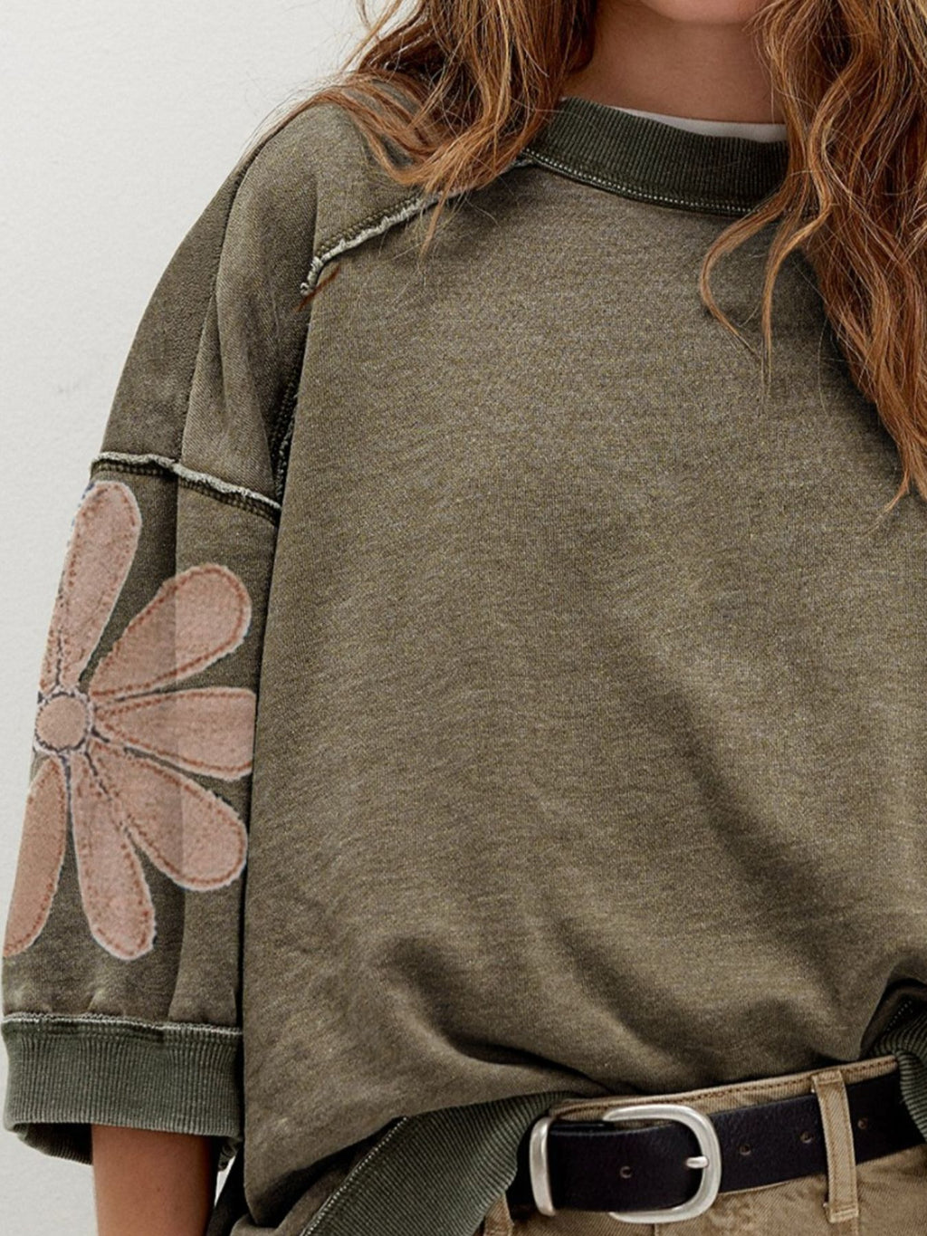 Mineral Wash Raw Seam Patchwork Flower Patched 3/4 Sleeve Loose Top