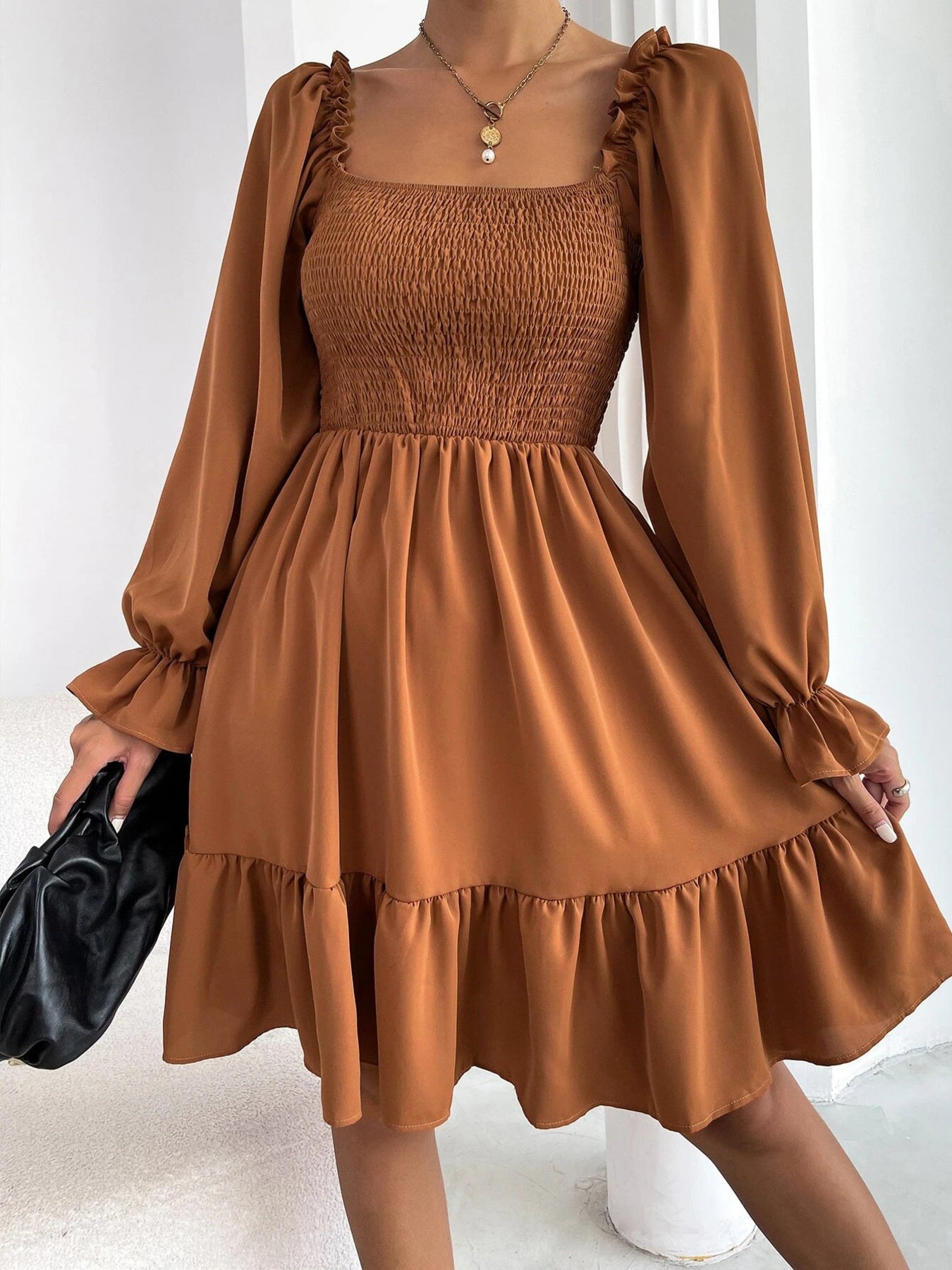 Smocked Flounce Sleeve Mini Dress Light Brown