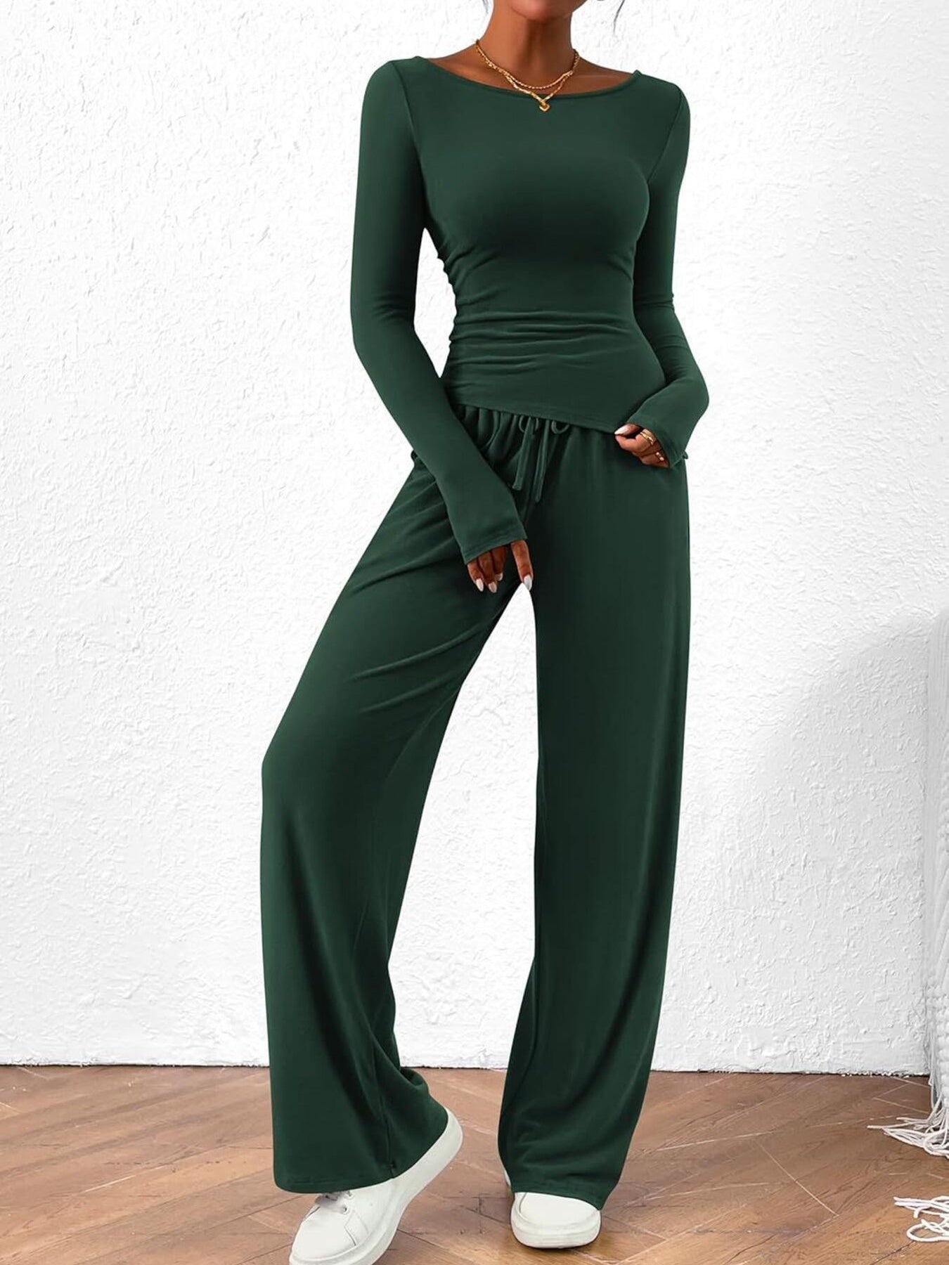 Round Neck Long Sleeve Top and Pants Set