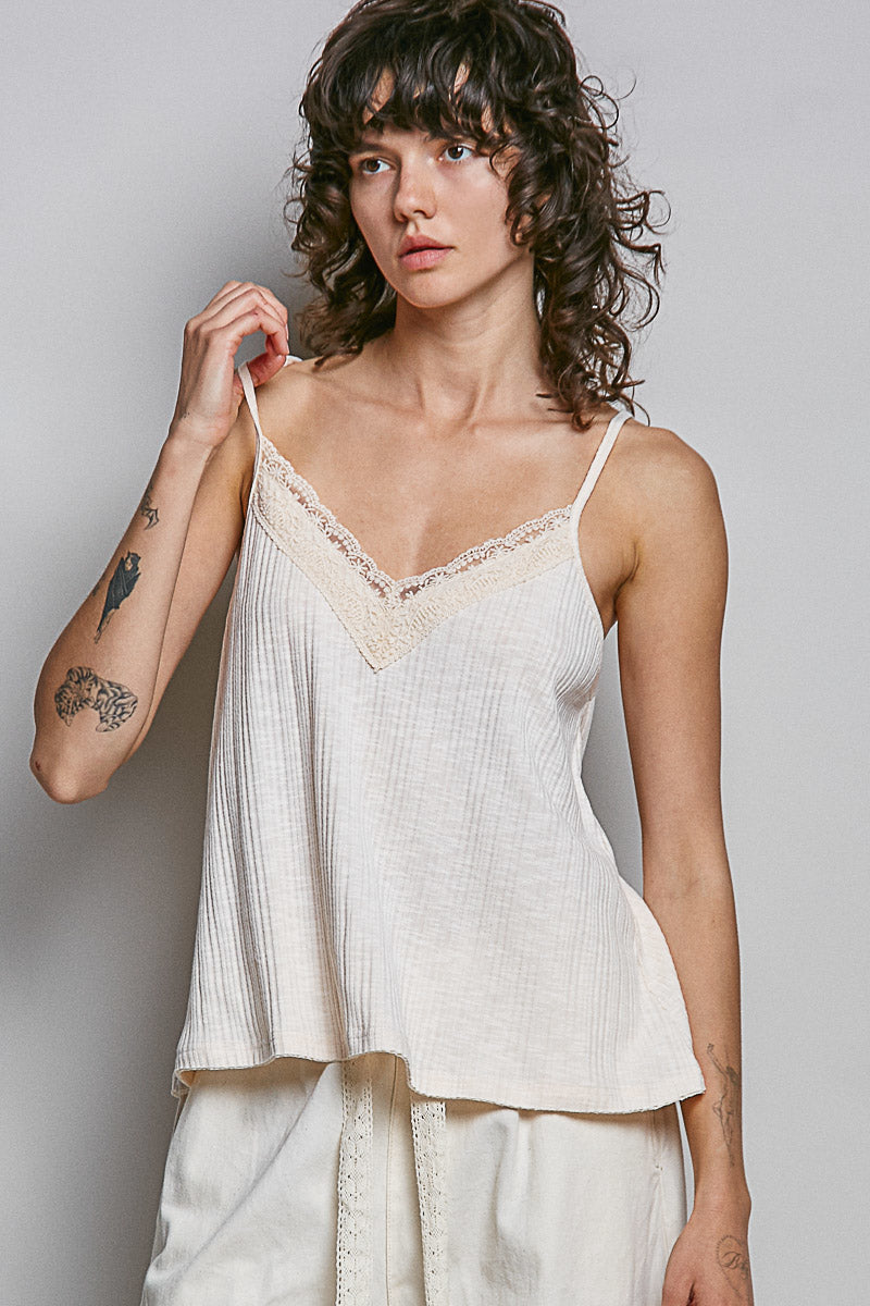 POL Lace Detail V-Neck Textured Knit Cami ALMOND