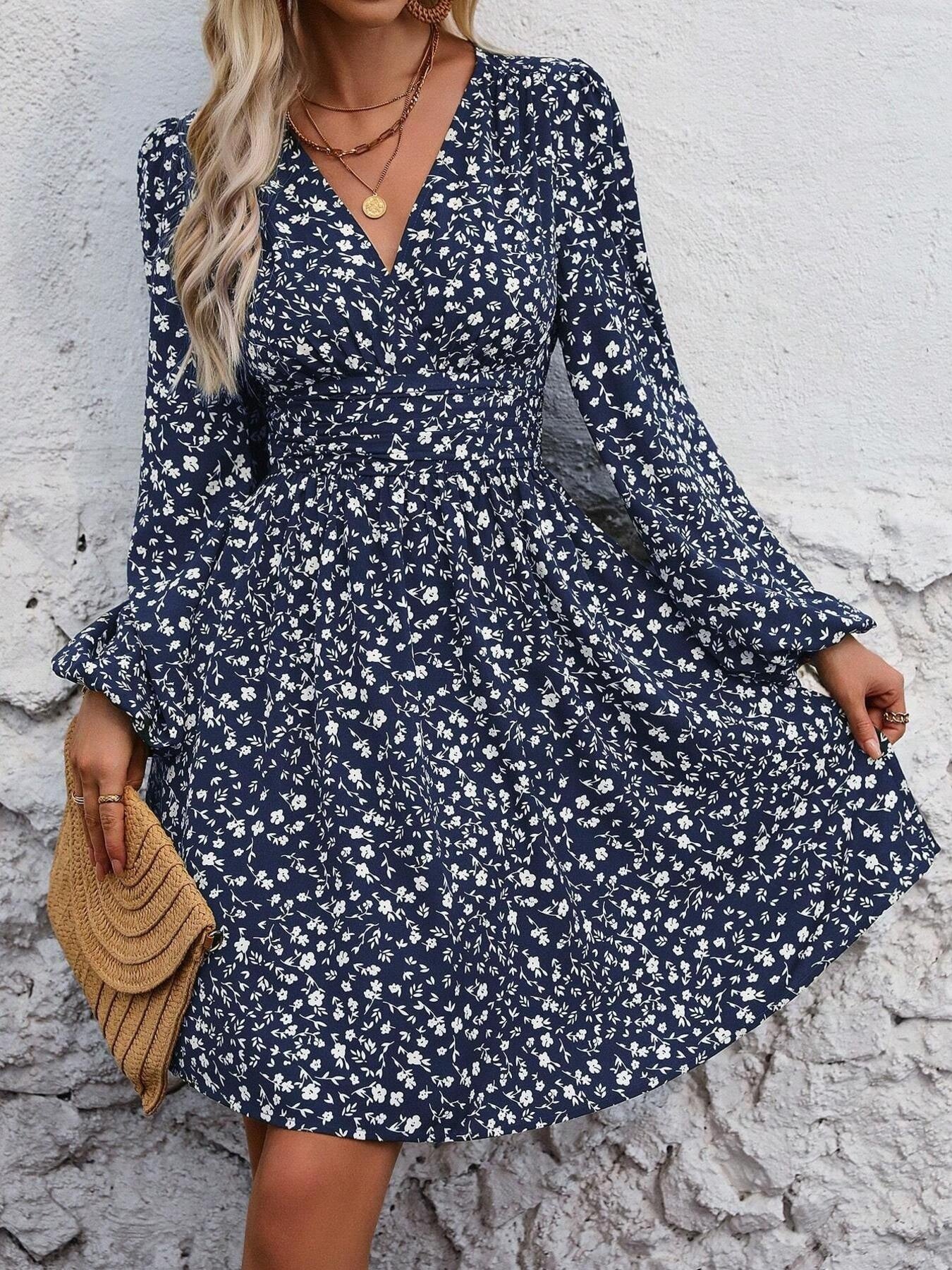 Floral Print V-Neck Long Sleeve Mini Dress Small Floral