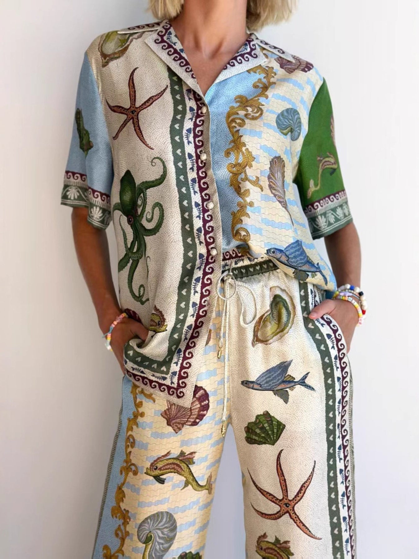 Ocean Print Button-Down Shirt and Wide Leg Pants Set