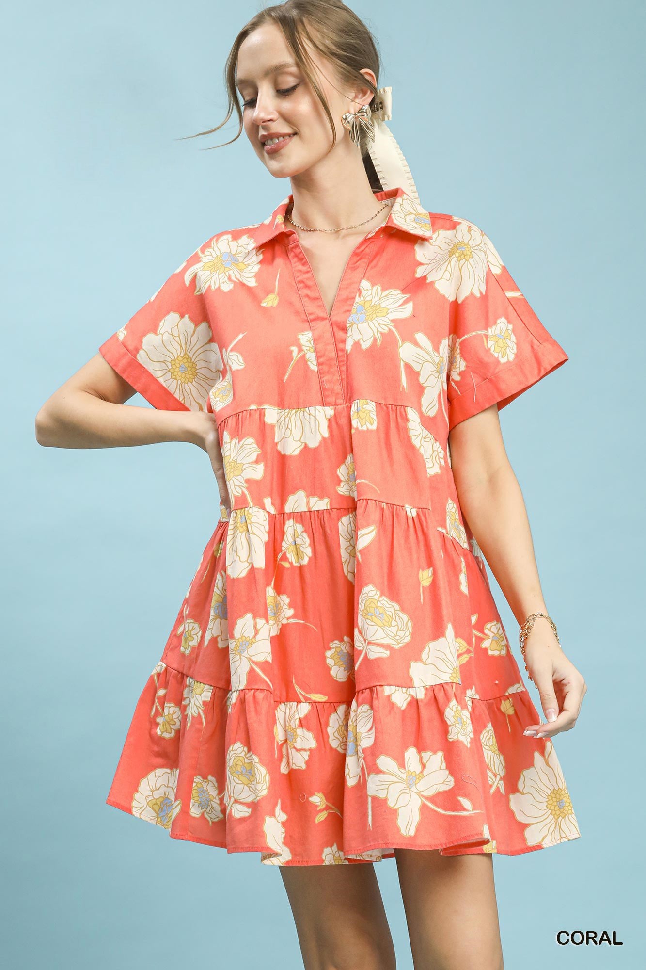 Umgee Floral Tiered Collared Babydoll Dress CORAL