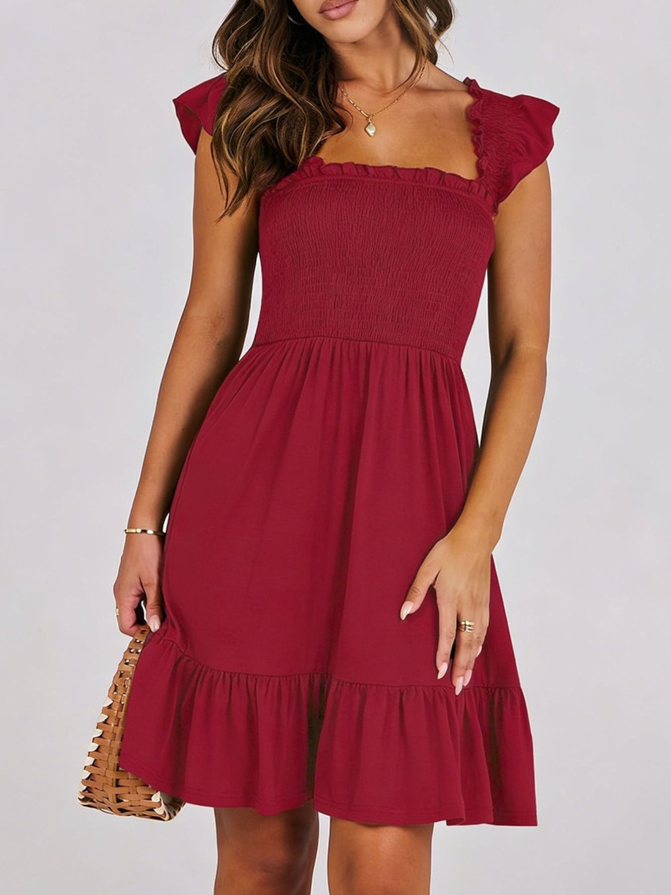 Smocked Ruffle Hem Mini Dress Burgundy