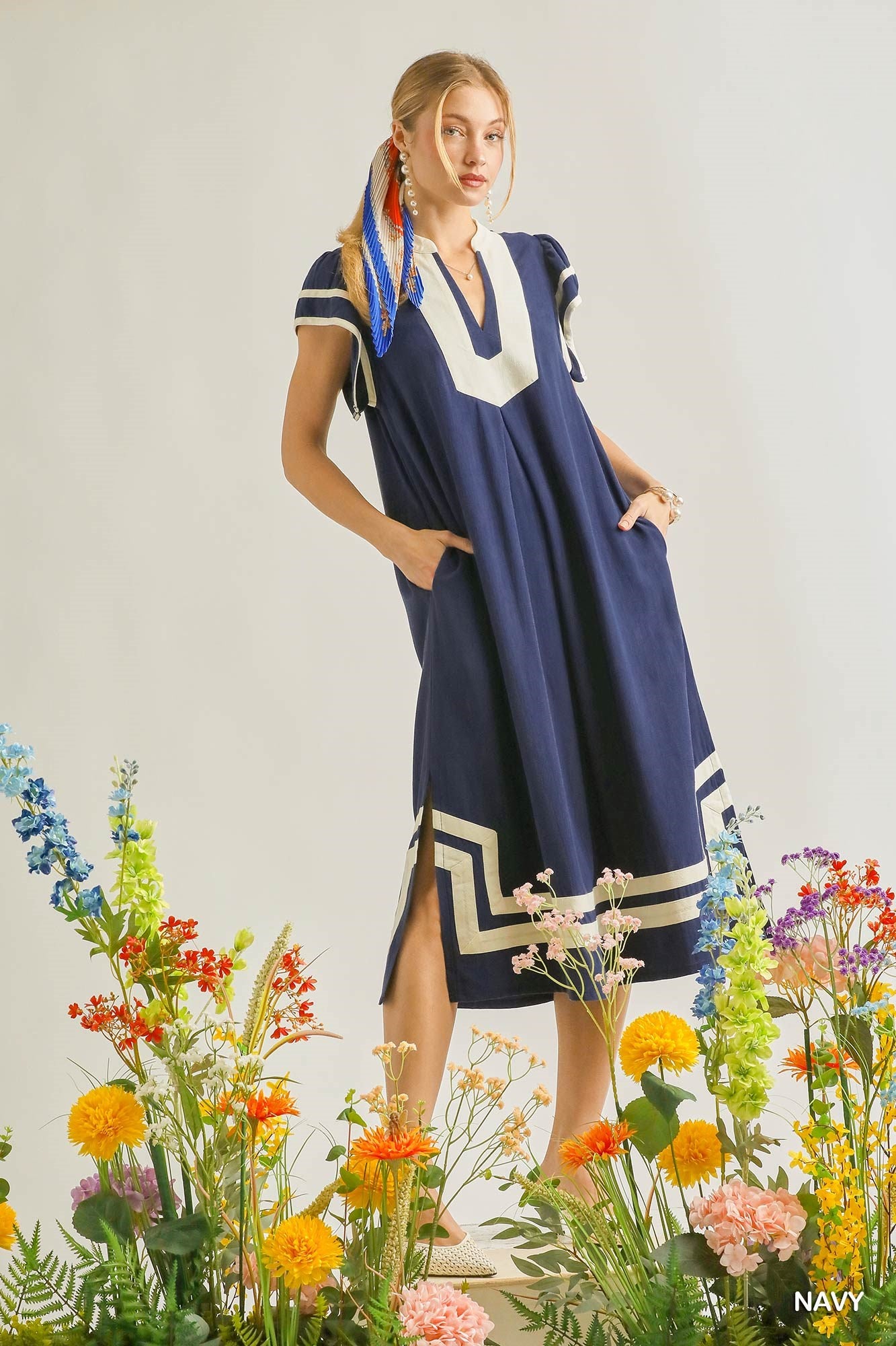 Umgee Linen Cotton Contrast Neckline Midi Dress NAVY