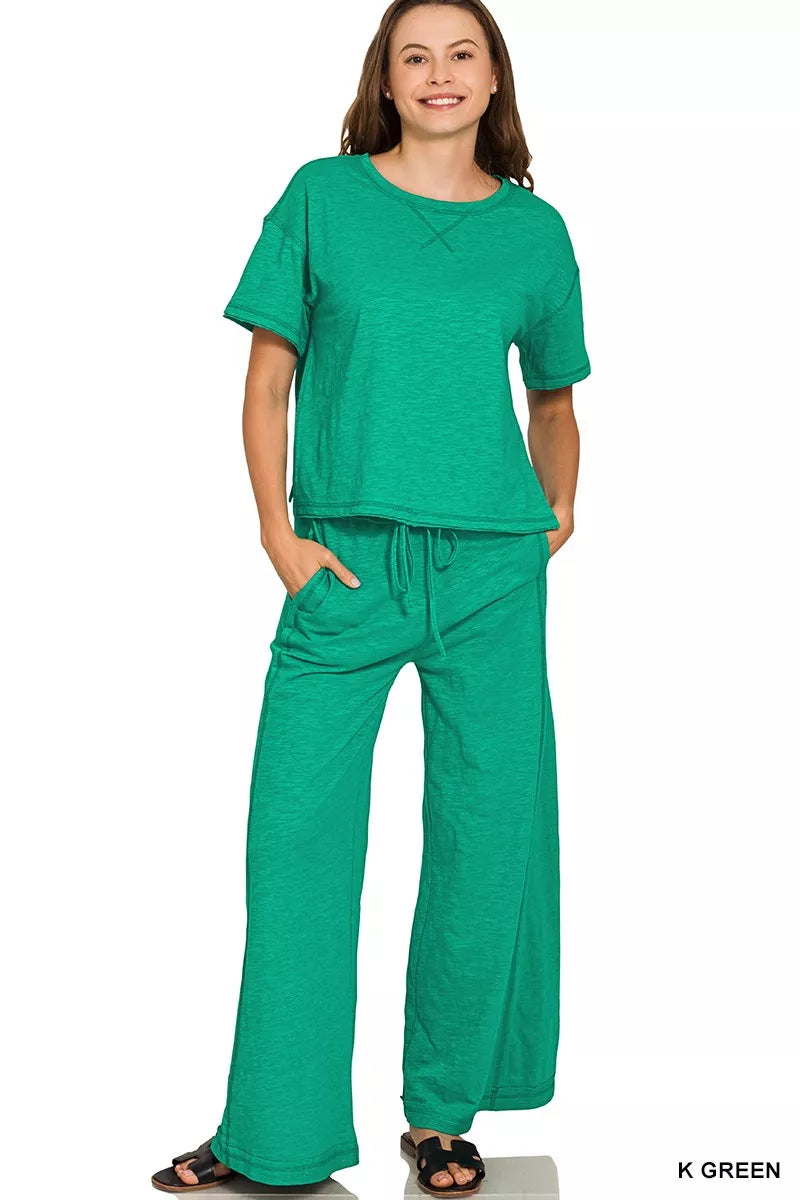 Zenana Cotton Slub Short Sleeve Tee and Pants Set K GREEN