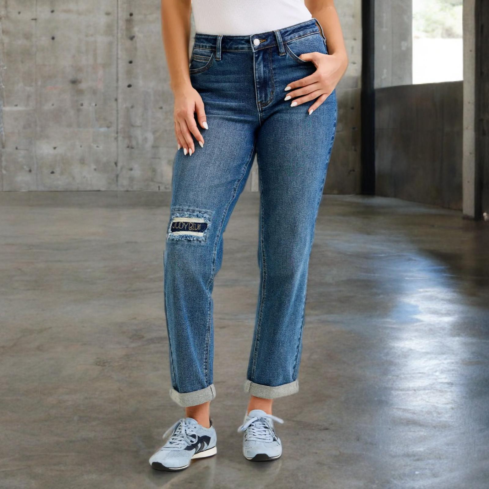 Judy Blue Mid Rise Embroidered Repair Patch Vintage Boyfriend Denim Jeans 881071