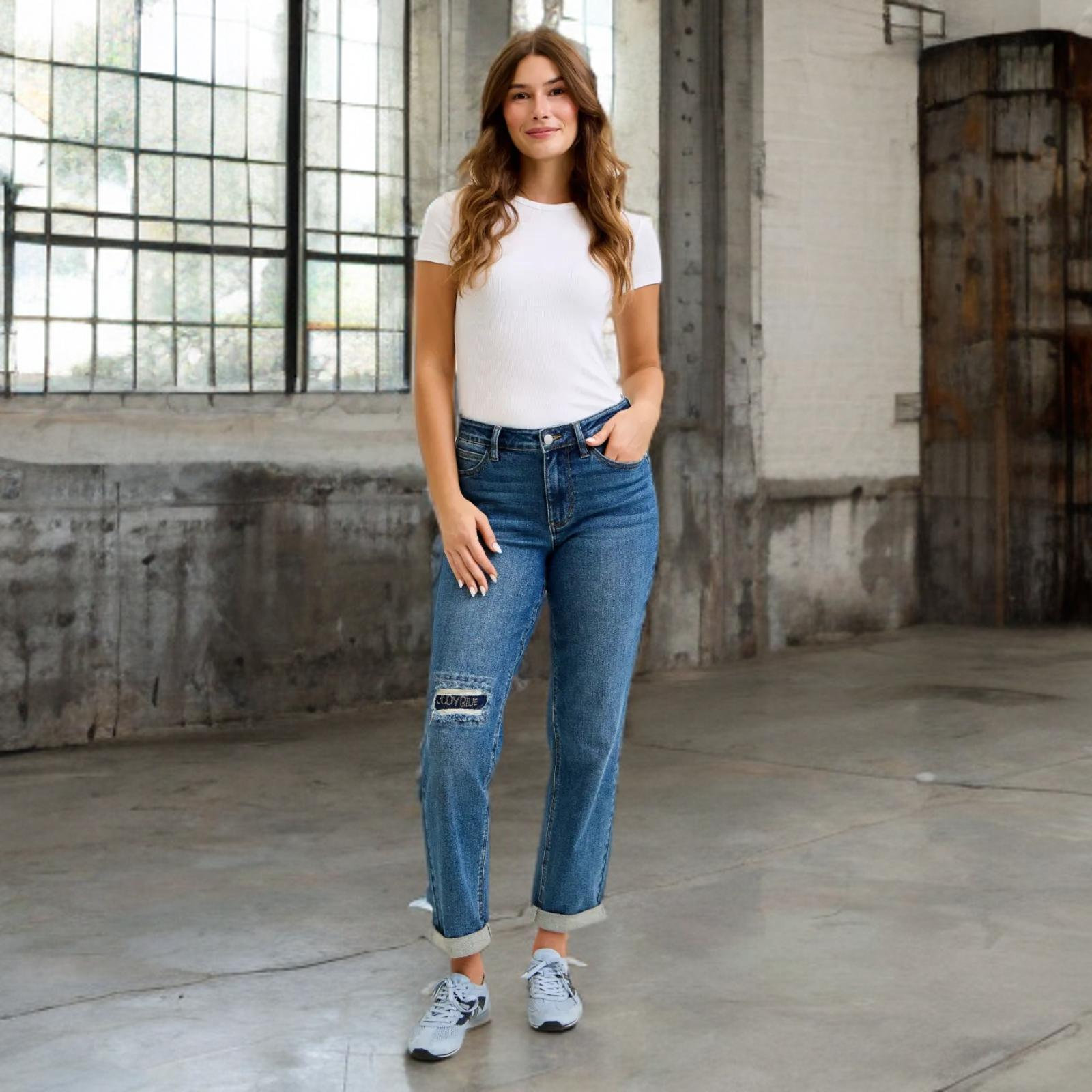 Judy Blue Mid Rise Embroidered Repair Patch Vintage Boyfriend Denim Jeans 881071