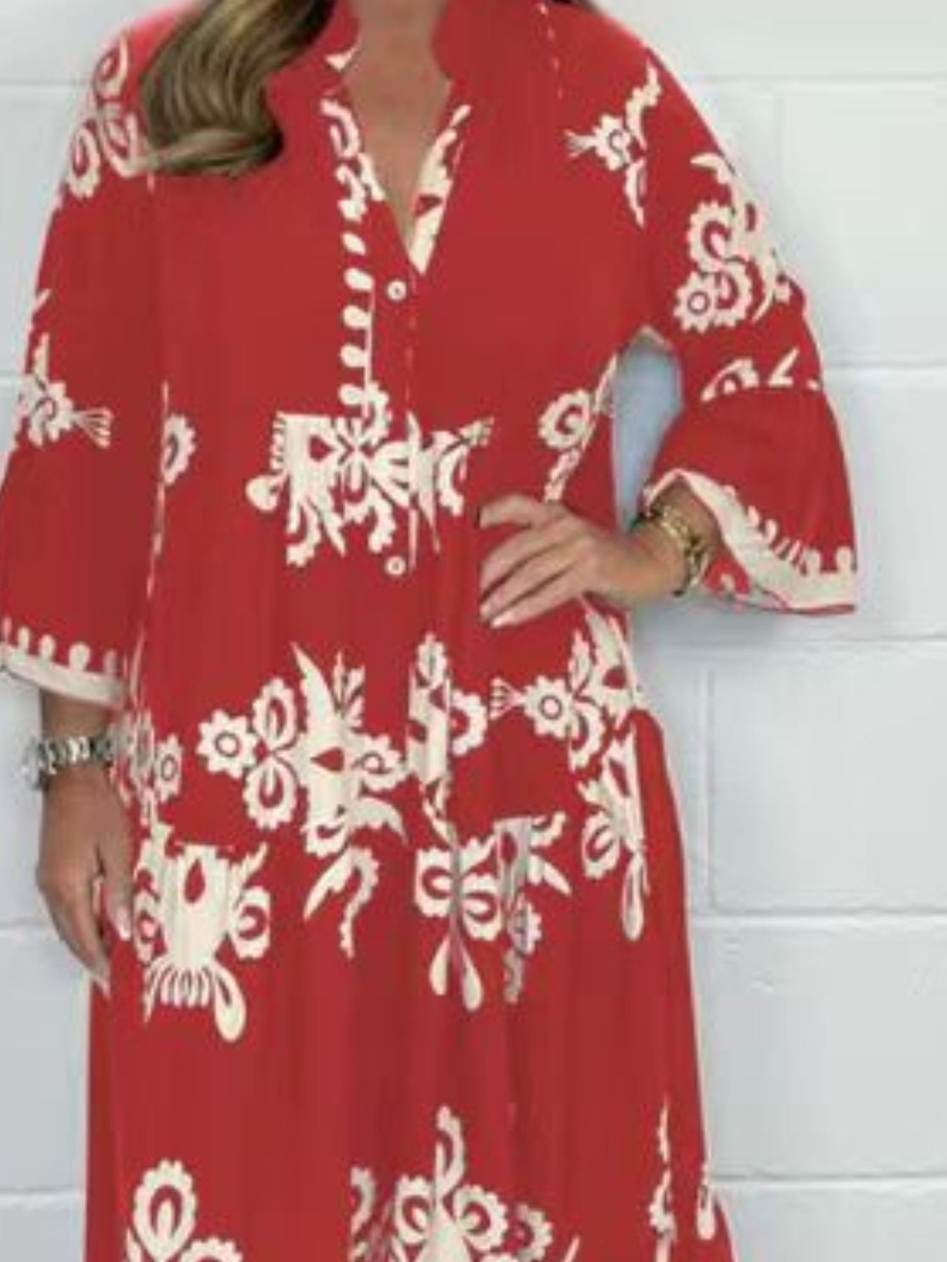 Full Size Printed Notched 3/4 Sleeve Midi Dress Plus Size Red