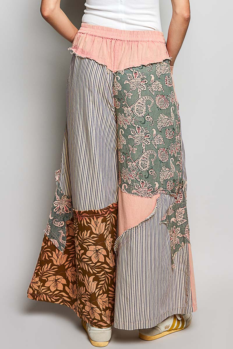POL Striped Floral Patchwork Wide leg Pants with Side Big Star Patch