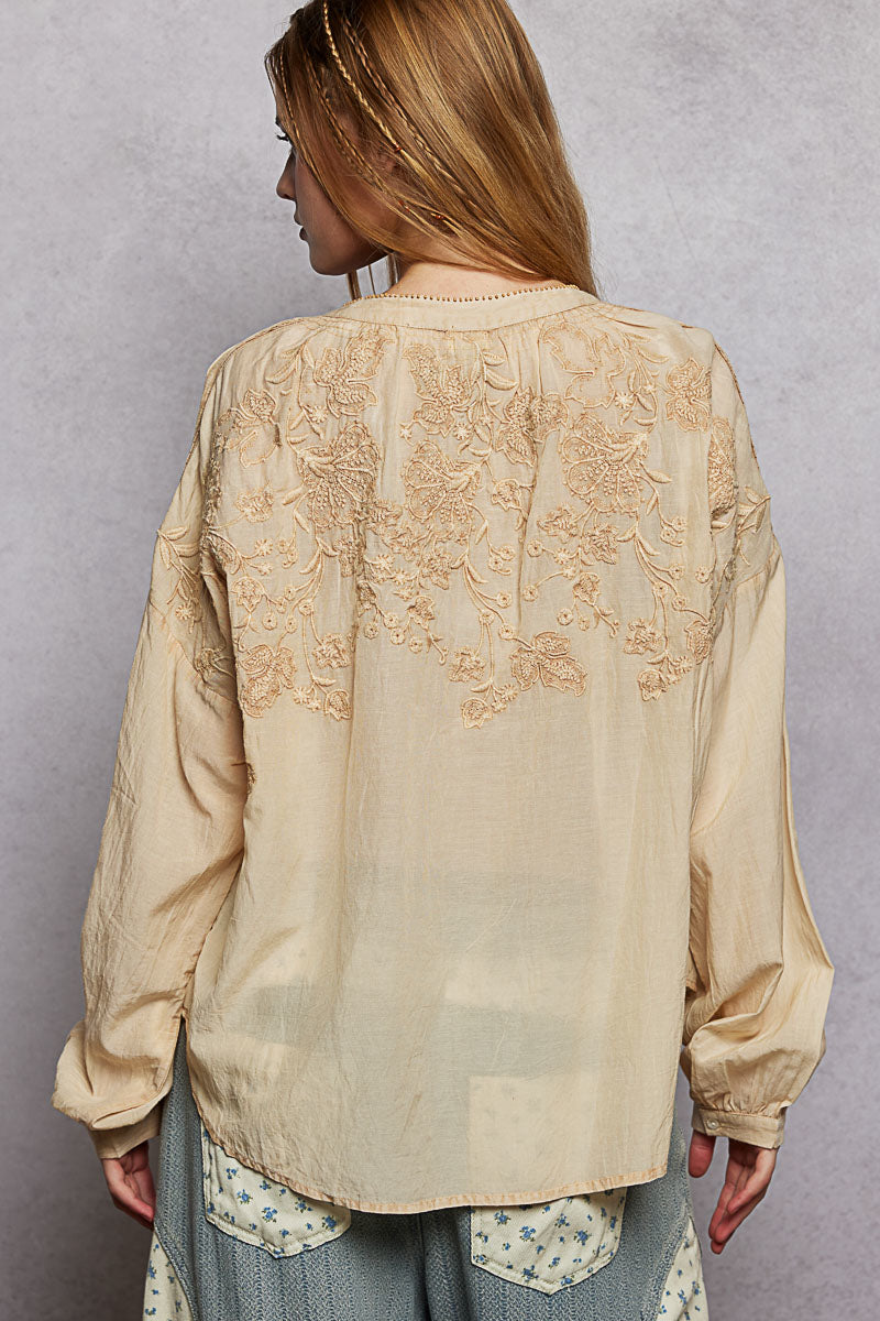 POL Embroidery Button Down Long Sleeve Washed Shirt