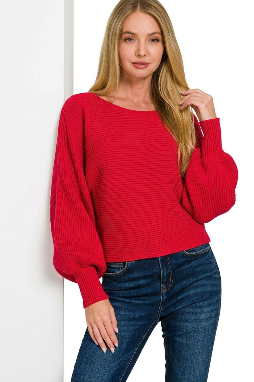 Zenana Boat Neck Balloon Sleeve Sweater