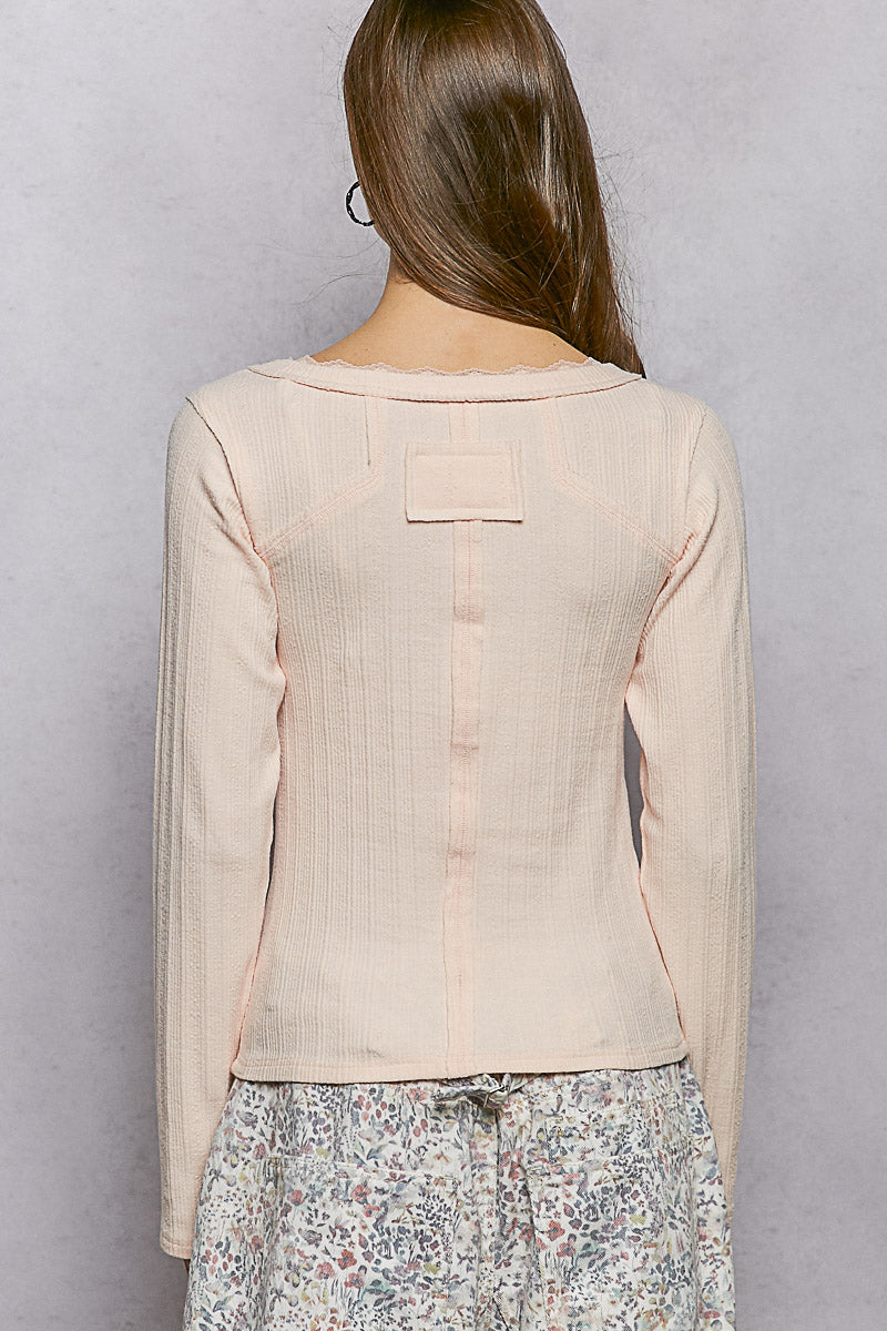 POL V-Neck Long Sleeve Ribbed Top with Lace-Accent Neckband