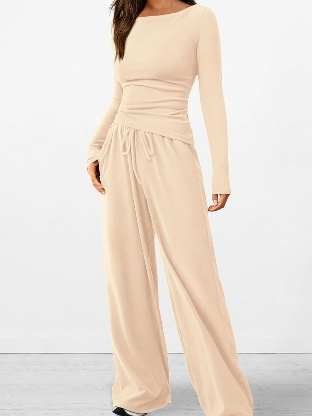 Round Neck Long Sleeve Top and Pants Set