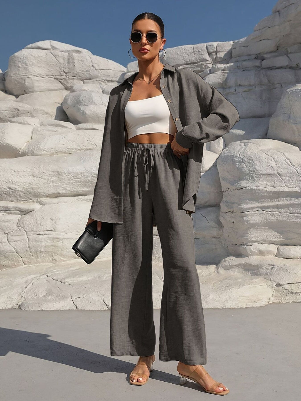 Button Up Long Sleeve Shirt and Pants Set