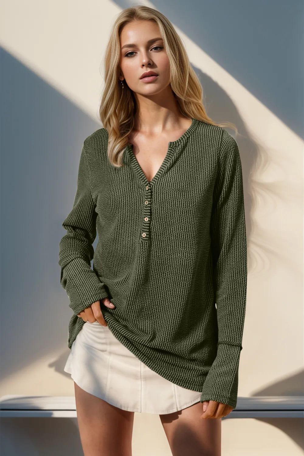 Double Take Full Size Notched Thumbhole Long Sleeve T-Shirt Moss