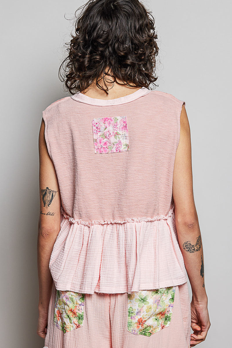 POL Floral Patch Ruffled Sleeveless Top with Raw Edge Detail