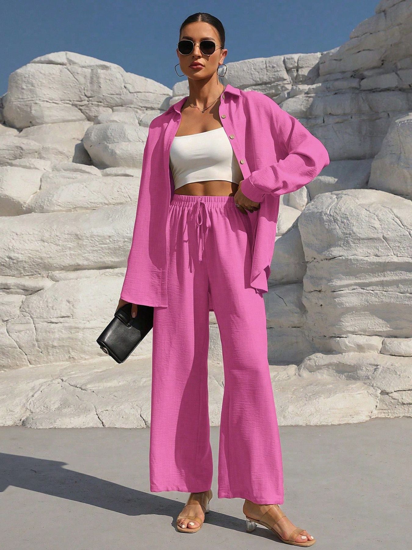 Button Up Long Sleeve Shirt and Pants Set Glitter