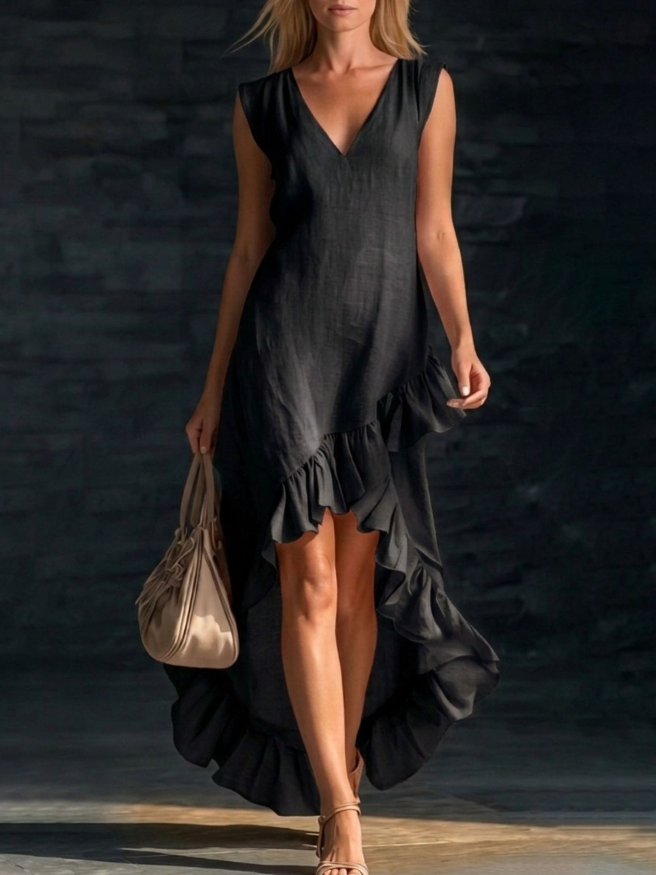 Sleeveless V-Neck Ruffle Hem High-Low Dress Black