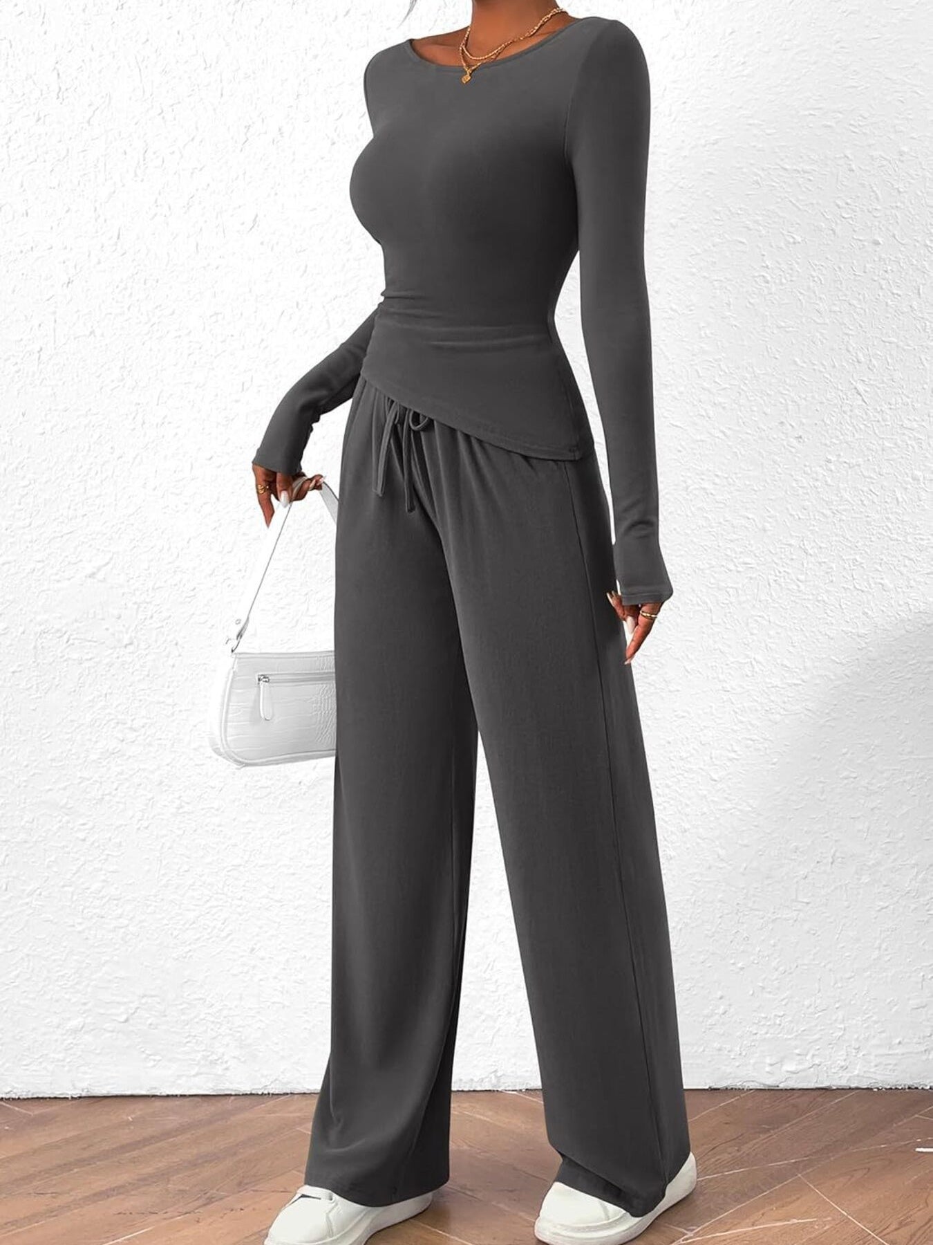 Round Neck Long Sleeve Top and Pants Set Dark Gray