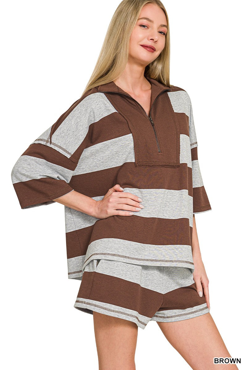 Zenana Frenchterry Striped Half Zip Top & Shorts Set