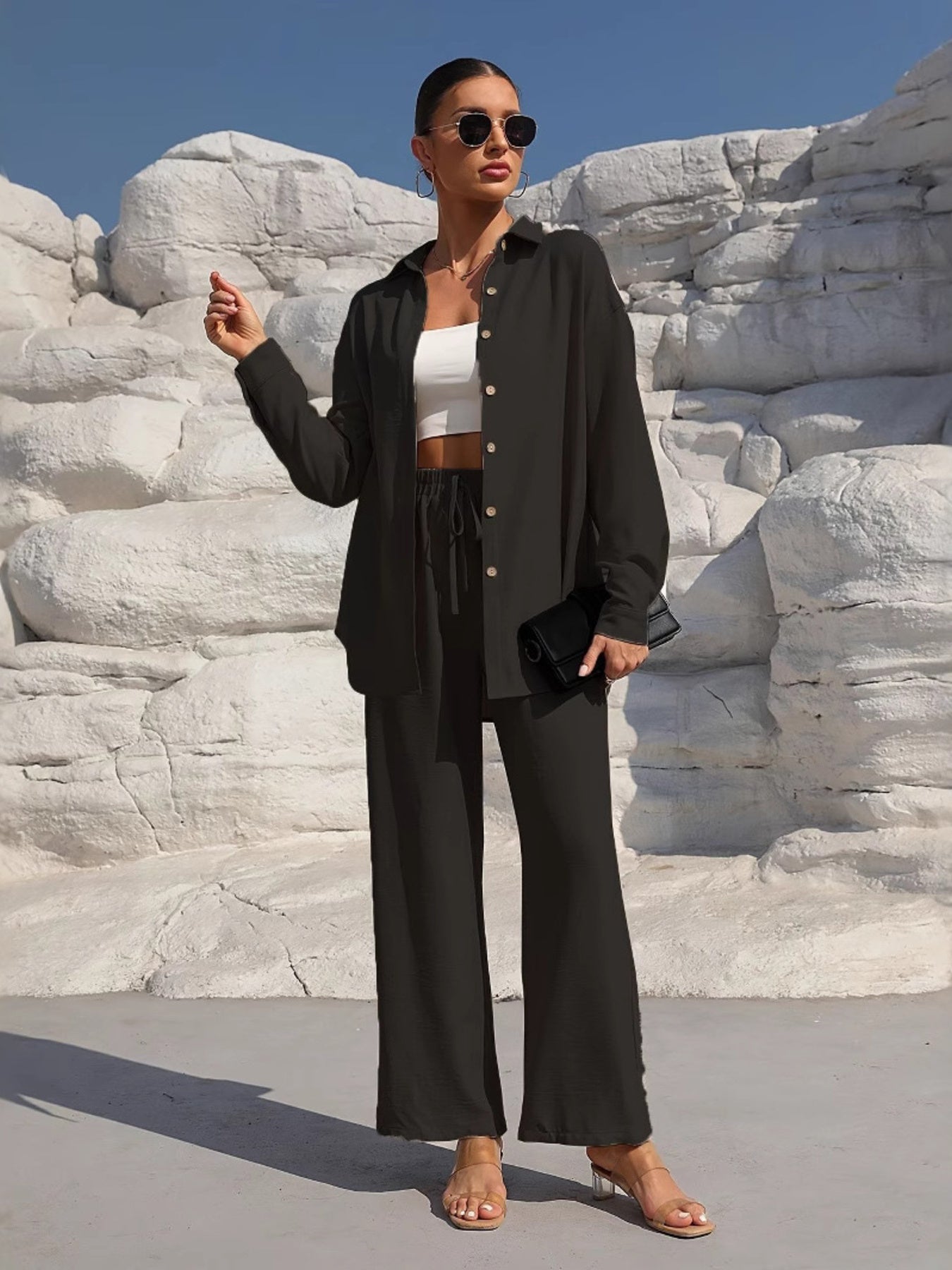 Button Up Long Sleeve Shirt and Pants Set