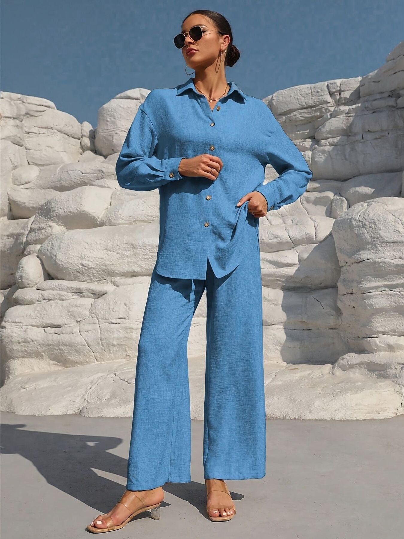 Button Up Long Sleeve Shirt and Pants Set Sea blue