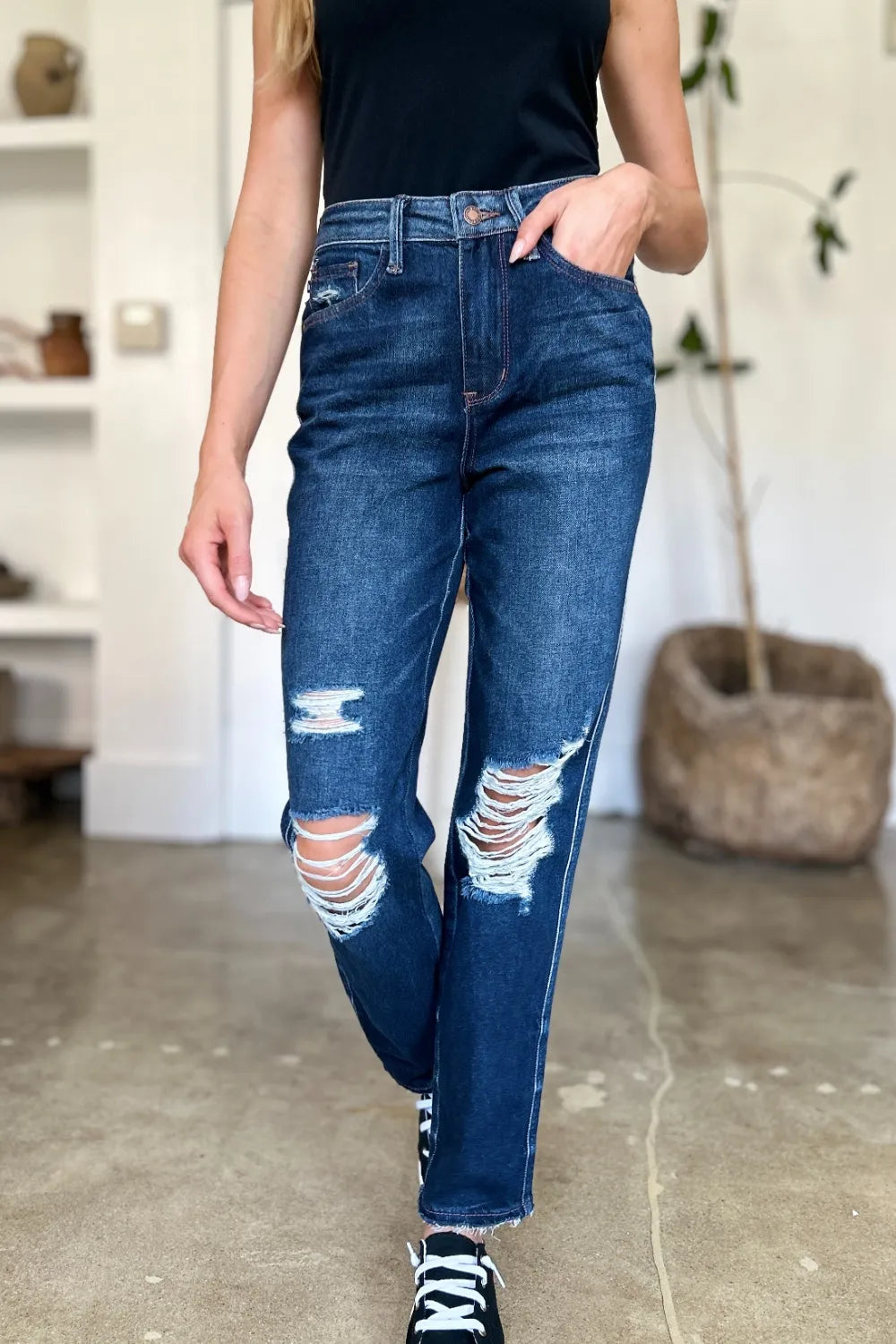 Judy Blue Full Size High Waist Rigid Magic Heavy Destroy Straight Jeans Dark