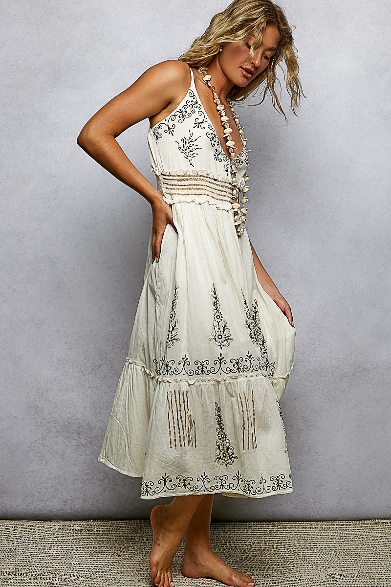 POL Smocked Waistband Floral Midi Cami Dress