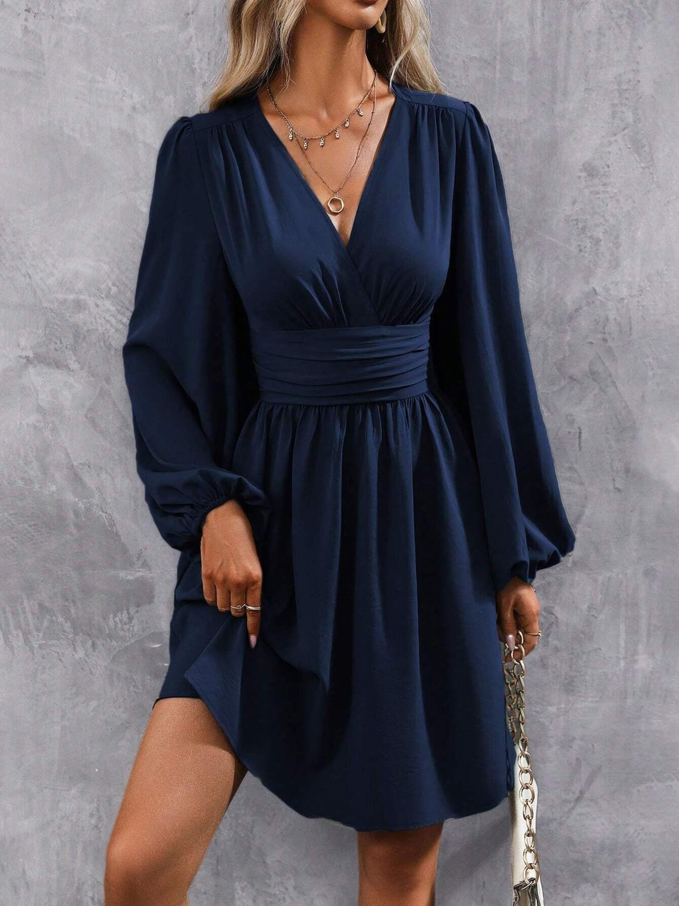 Floral Print V-Neck Long Sleeve Mini Dress Navy Blue