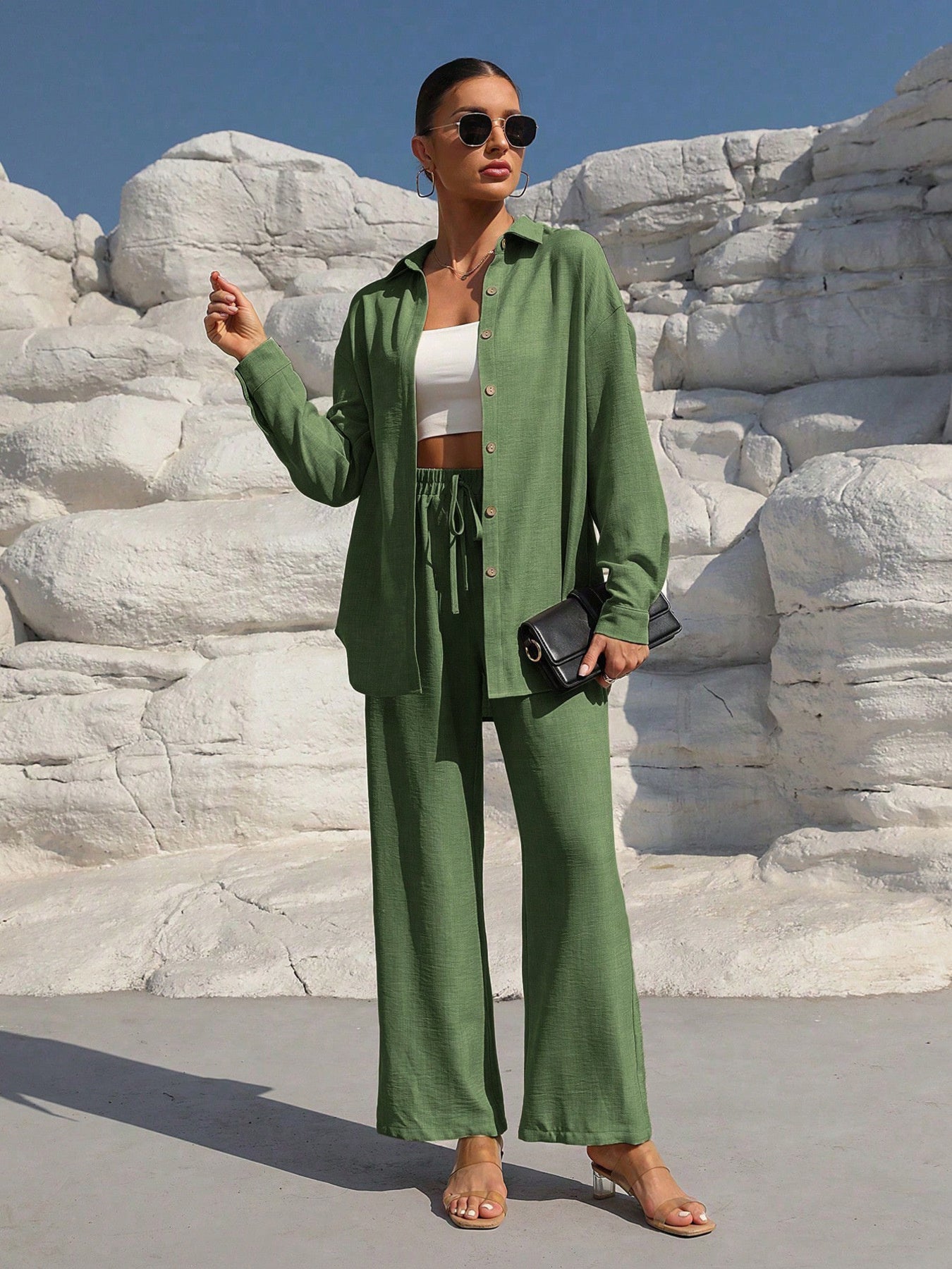 Button Up Long Sleeve Shirt and Pants Set Green
