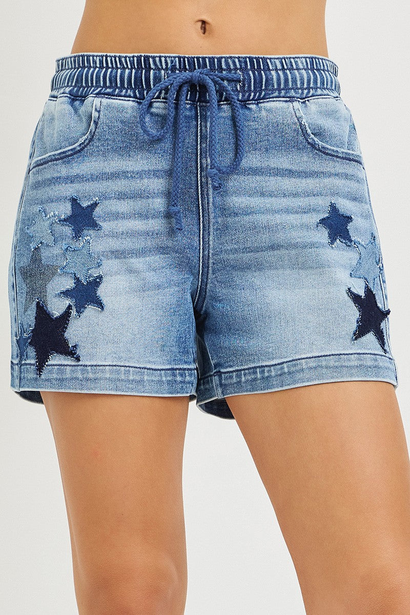 RISEN Elastic Band Slouchy Denim Shorts with Star Patched Details