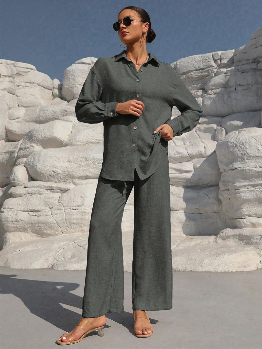 Button Up Long Sleeve Shirt and Pants Set